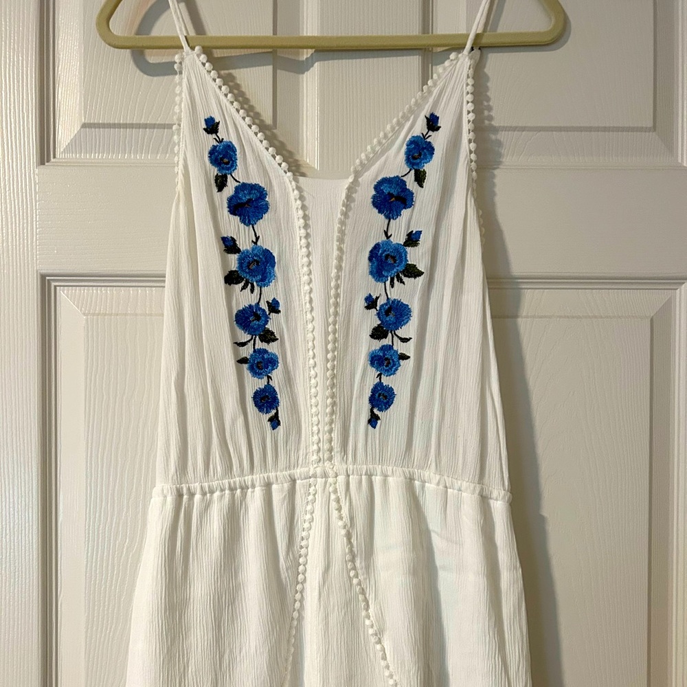 Blue floral accented linen-style romper